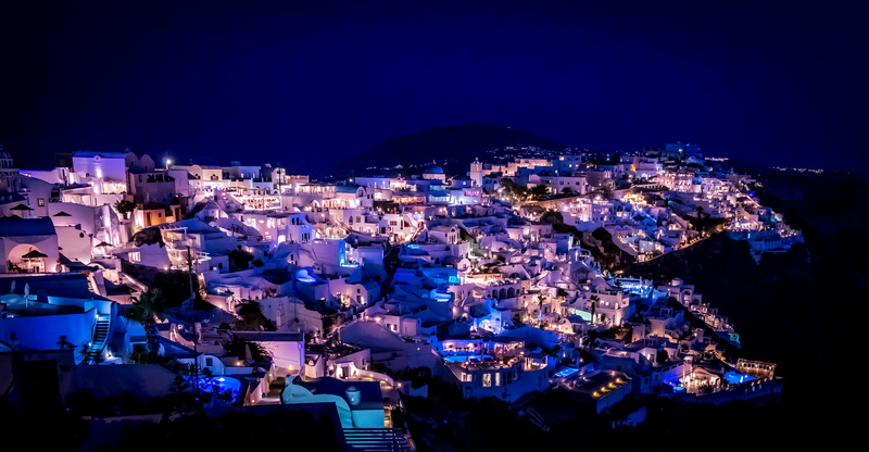 cyclades Islands, white house, city, illuminated, church, cityscape, santorini, night, town, neon, night photo, travel, blue, outdoors, sea, sunset, urban Skyline