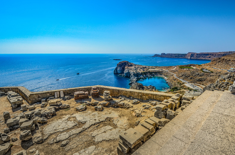 horizon over water, aegean, travel, rock - object, photography, nature, outdoors, greek, ruins, horizon, rock, daytime, aerial, view, lindos, 4K, blue