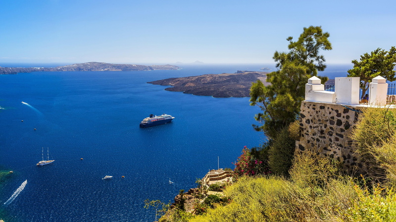 4K, built structure, nautical vessel, sea, blue, bay, scenics - nature, cape, land, tree, high angle view, luxury, santorini, building exterior, horizon