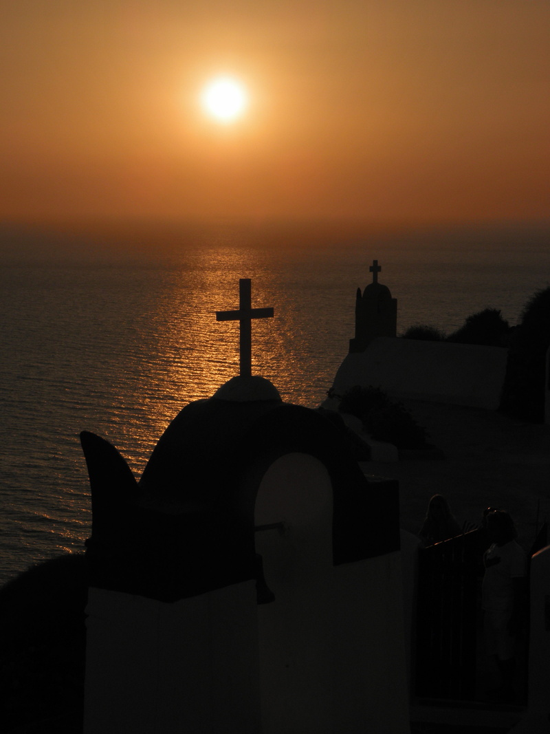 horizon over water, greece, religion, sky, spirituality, oia, water, sunset, no people, church, greek, belief, mediterranean, europe, nature, sea, tranquility