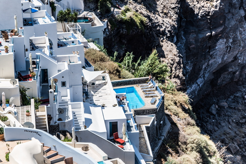 high angle view, mountain, Santorini, tourist, architecture, no people, swimming pool, europe, landscape, town, 5K, Travel, white, cliff, building exterior