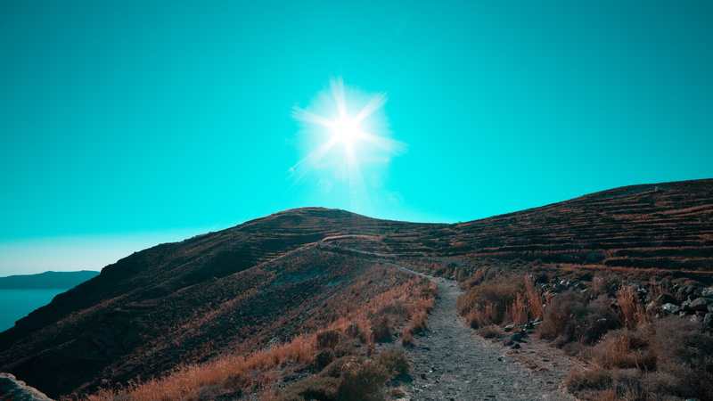 environment, sunlight, clear sky, outdoors, oia, sun, santorini, mountain peak, tranquility, nature, no people, 5K, scenics - nature, nikon, sky, tranquil scene