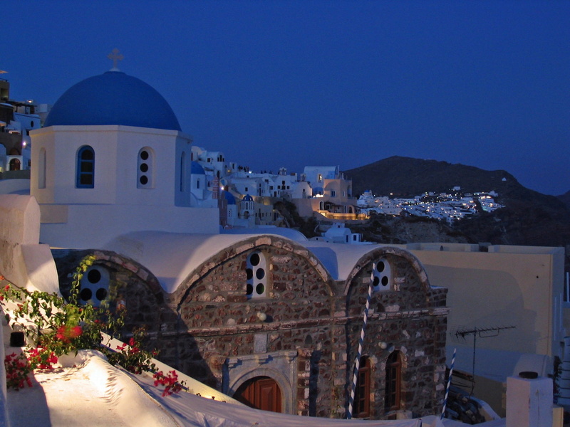 dome, religion, greece, spirituality, water, mountain, history, structures, 1080P, travel destinations, sky, arch, concrete, night, travel, the past, day