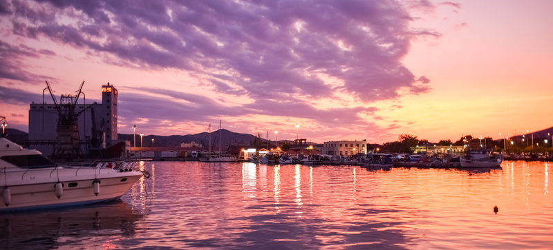 transportation, outdoors, sailboat, reflection, city, bay, lights, reflections, harbor, volos, built structure, building exterior, colors, 5K, nautical vessel
