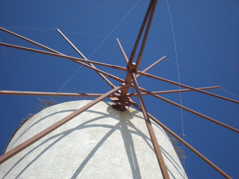electricity, windmill, architecture, no people, directly below, greece, sea, built structure, oia, metal, 1080P, nature, mykonos, clear sky, cable, blue