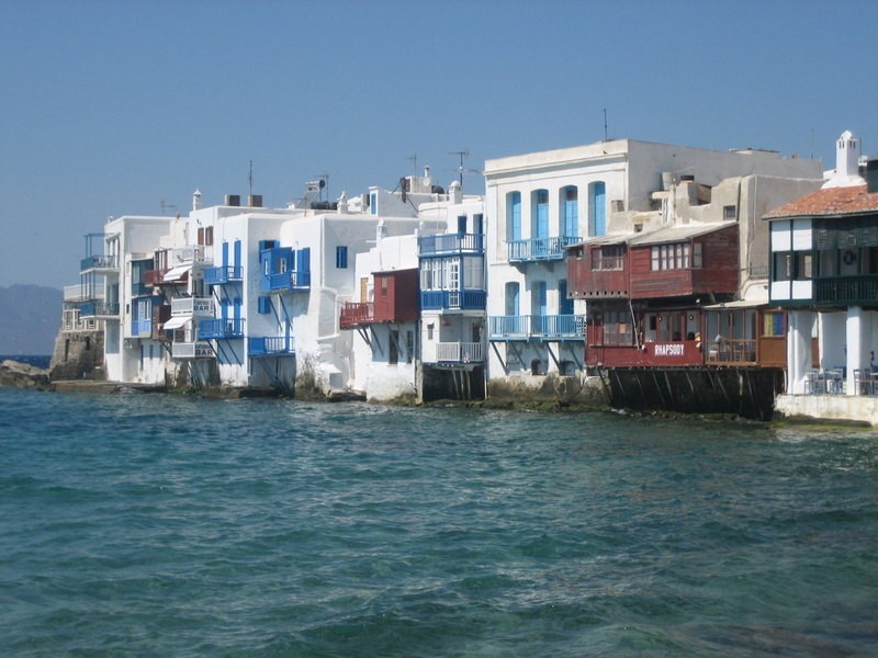 water, built structure, day, sunlight, blue, clear sky, outdoors, no people, city, sea, cyclades, 2K, luxury, building, sky, architecture, greek island