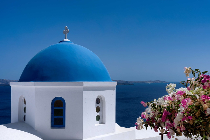 travel destinations, place of worship, sky, sea, 4K, water, vacation, spirituality, santorini, building exterior, church, built structure, religion, white