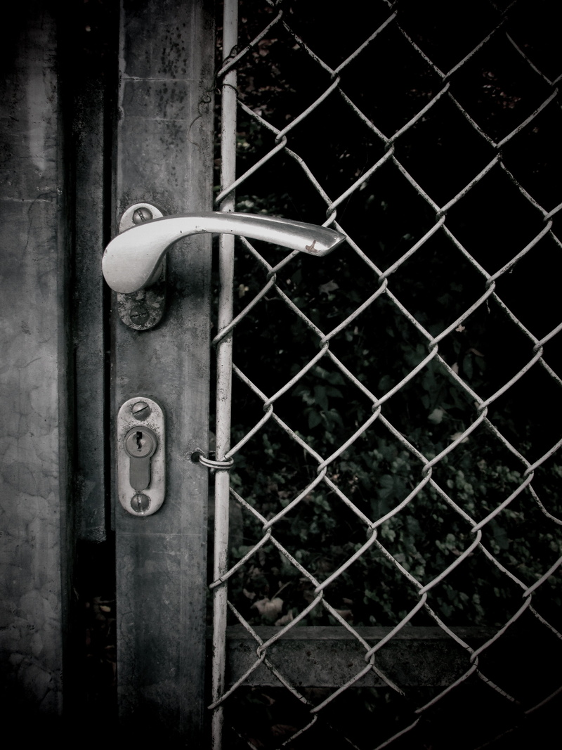 gate, day, closed, lock, outdoors, entrance, door lock, communication, safety, metal, barrier, grid, protection, fence, close-up, no people, door handle