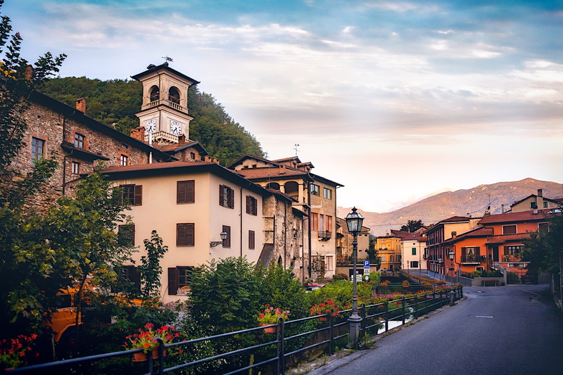mountains, clock, sky, italy, the way forward, mountain, street, building, day, garessio, architecture, tree, built structure, outdoors, residential district