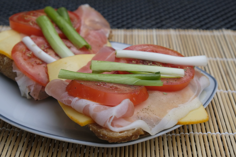 no people, 5K, ham, plate, food, cheese, spring onion, serving size, tomato, wellbeing, breakfast, high angle view, healthy eating, freshness, vegetable