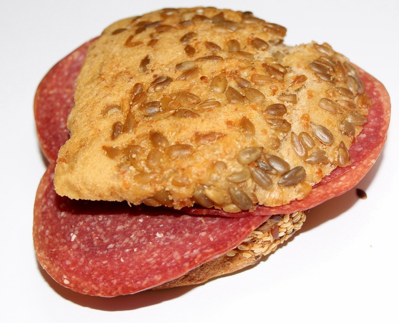 salami bread, eat, ready-to-eat, studio shot, white background, serving size, wurstbrot, single object, sandwich, wellbeing, indoors, occupied, close-up