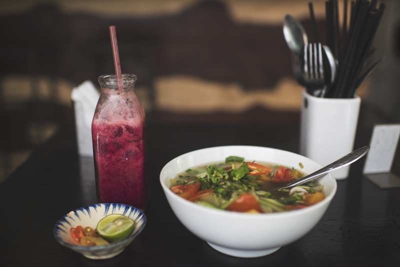 household equipment, healthy eating, 5K, eating utensil, restaurant, indoors, no people, food, utensils, smoothie, drinking glass, mint leaf - culinary