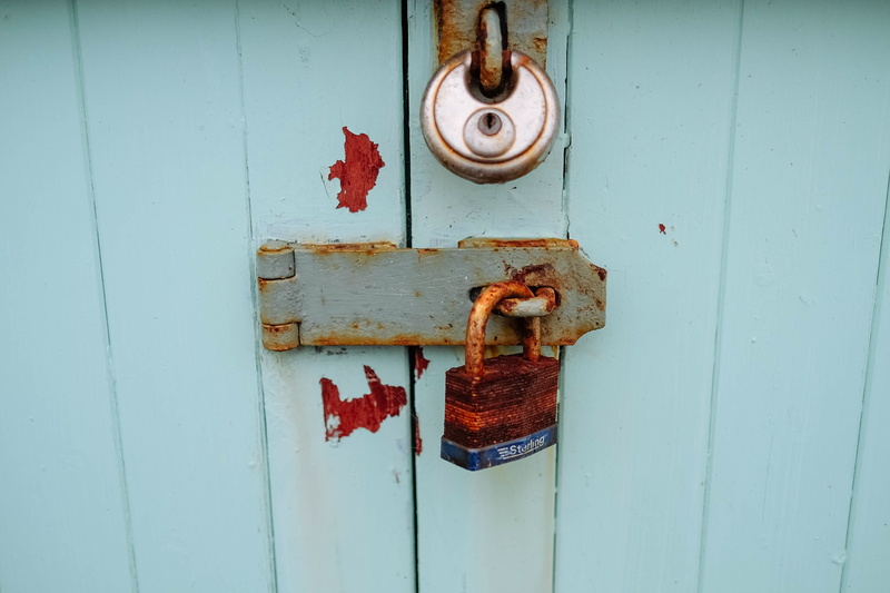 2K, weathered, rust, exit, old, protection, run-down, closed, lock, security, outdoors, rusty, latch, day, blue, close-up, wood, wood - material, handle