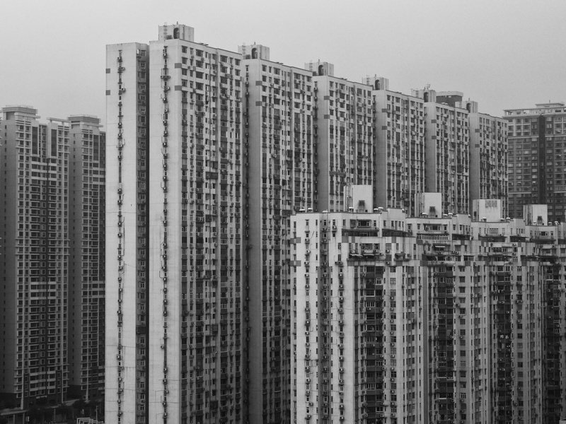 construction industry, apartment building, landscape, grey, building, modern, sky, urban, town, bw, white, residential district, outdoors, building exterior