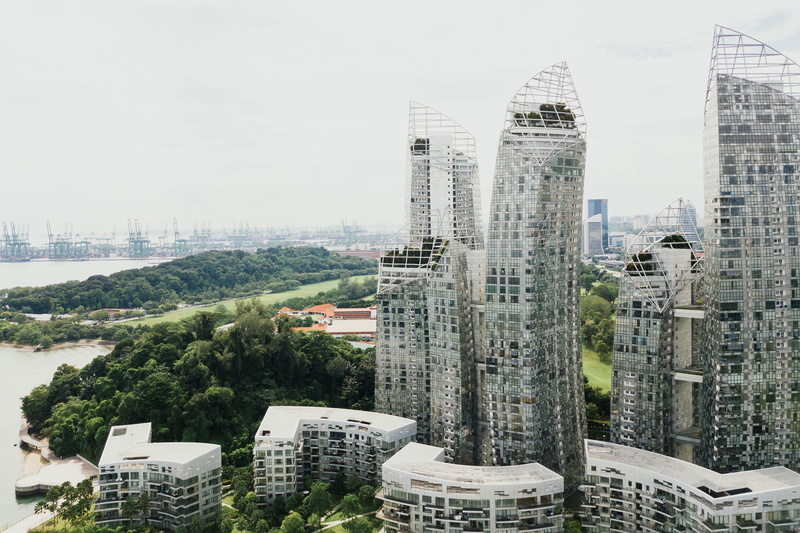 high angle view, building exterior, building complex, trees, sky, near, 4K, building, metal, gray, tall - high, nature, built structure, tower, plant