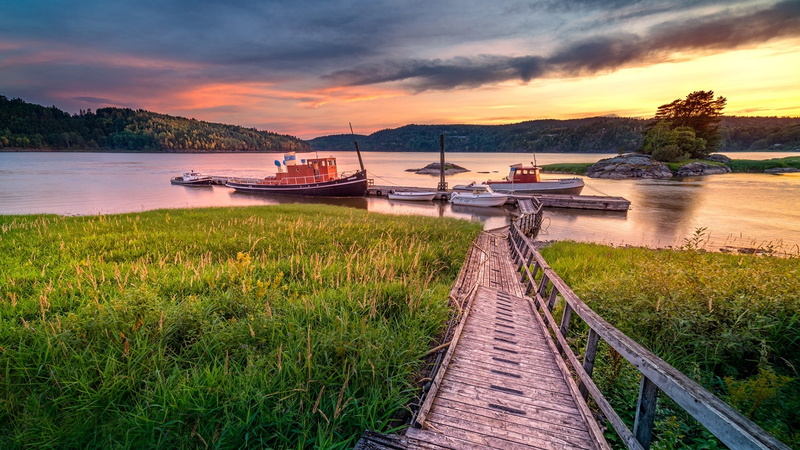 dock, glomma, tugboats, tugboat, sunset, glomma river, 1080P, loch, pier, lake, norway