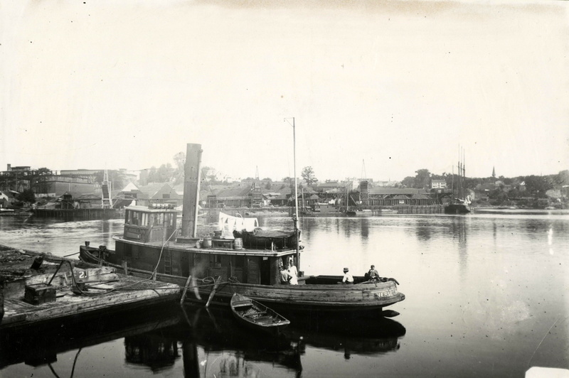 Wharf, black And White, building exterior, port, reflection, harbor, moored, vintage, old, boats, Hersey, nature, waterfront, sky, Tugboat, 1912, public domain