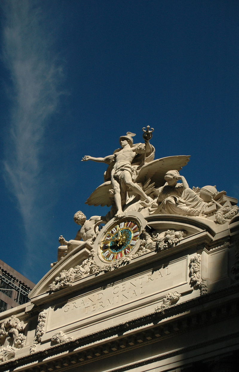 sky, clock, new york, angel, nyc, representation, ornate, the past, history, 2K, united states, architecture, blue, creativity, no people, nature, grand central station