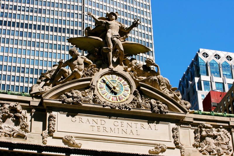 built structure, manhattan, office building exterior, tourism, statue, grand central station, building exterior, 4K, clock face, representation, human representation
