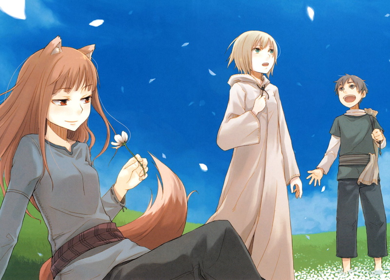 Flower, Black Hair, Long Hair, Boy, people, adult, blue, costume, mother, girls, boys, smiling, Grass, childhood, Kemonomimi, standing, Holo (Spice and Wolf)