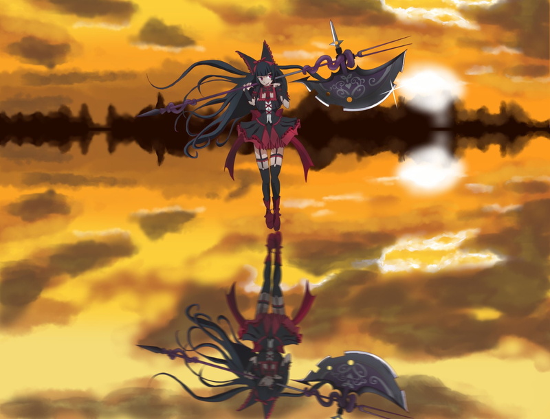 Reflection, Axe, Black Hair, Kaku Tatakaeri, Skirt, GATE, Ryuume Kogane, Long Hair, bow (Clothing), Gate: Jieitai Kanochi nite Kaku Tatakaeri, 1080P, Weapon