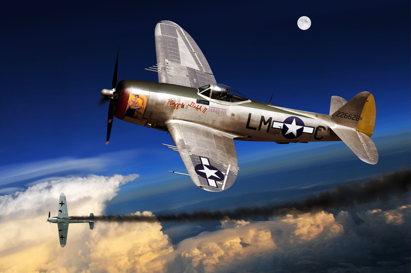 art, Thunderbolt, the enemy, USA, BBC, WW2., downed, 1080P, the sky, the plane, the battle, bomber, P-47, fighter