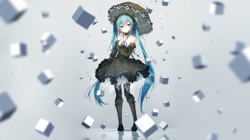 umbrella, hatsune miku, vocaloid, indoors, adult, sunlight, nature, full length, black dress, portrait, young adult, young women, looking at camera, standing