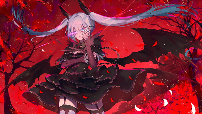 Hatsune Miku, twintails, red background, glowing eyes, anime girls, anime, Vocaloid, 1080P, gothic lolita, wings