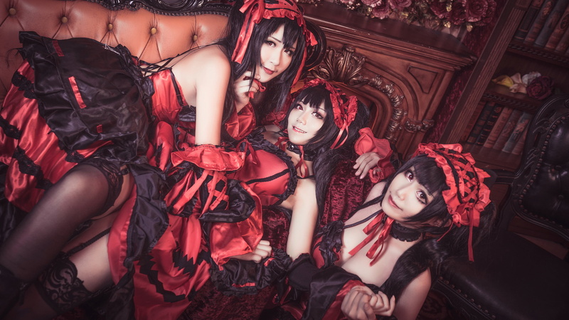 gothic lolita, cosplay, kurumi (date a live), black hair, 2K, clones