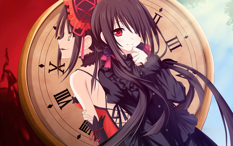 Gothic lolita, Tokisaki Kurumi, breast hold, No Bra, Date A Live, Lolita Fashion, Black Hair, 4K, Heterochromia, Clocks