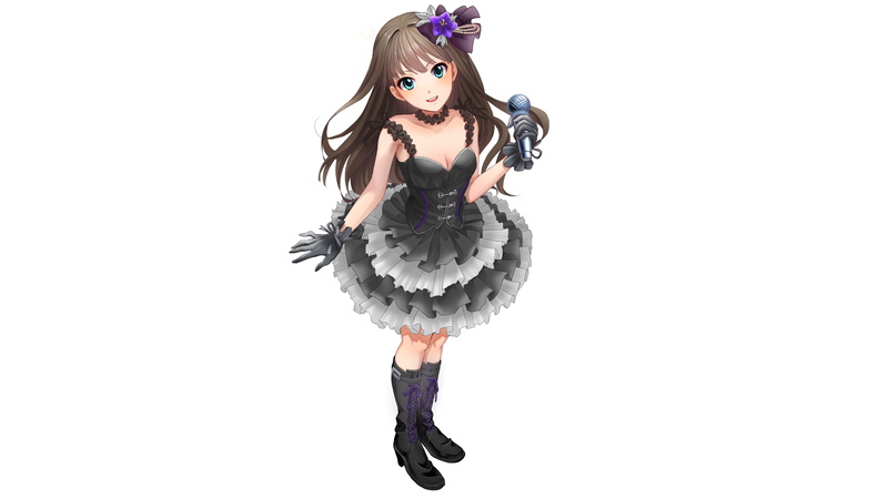 front view, gloves, long hair, ribbon, indoors, happiness, lolita dress, Anime, one person, studio shot, mic, gothic, young adult, full length, hairstyle