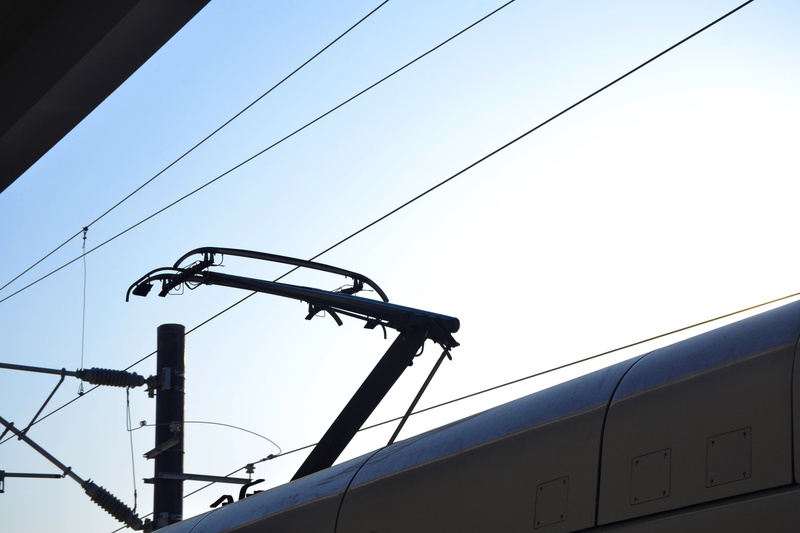 metal, nature, day, rail transportation, industry, clear sky, sky, cable, silhouette, low angle view, power supply, pantograph, outdoors, built structure