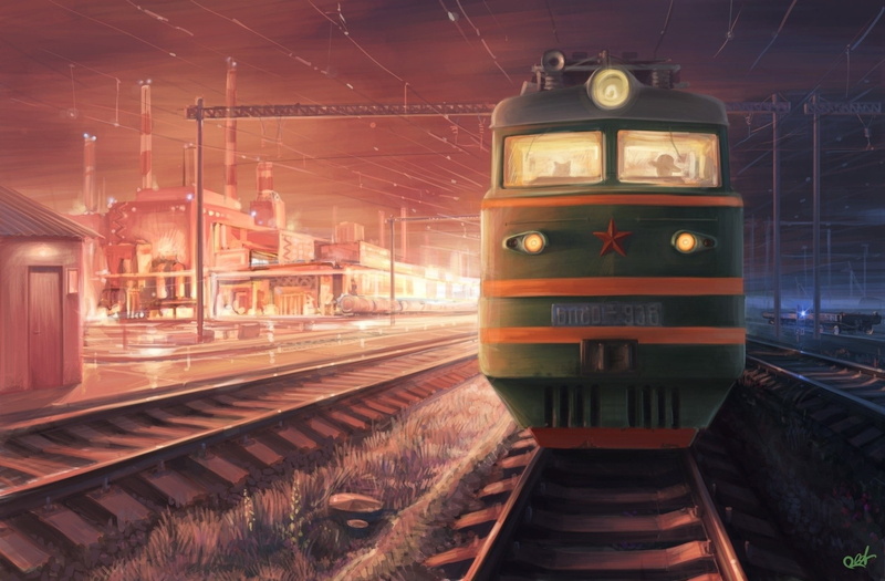 Demon horns, Lights, Pantograph, Tracks, science fiction, 1080P, Train Station, artwork, Electric locomotives, fantasy Art, house, Power Lines, Pixelated