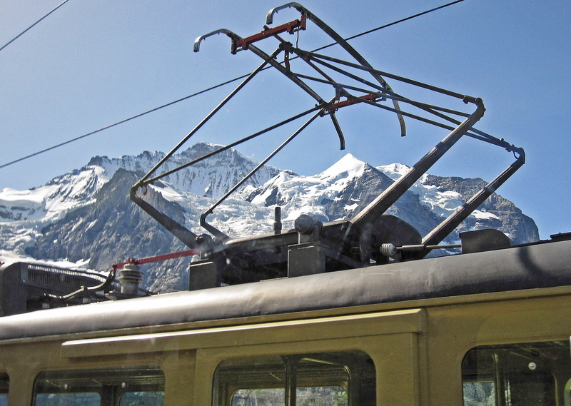 rail transportation, outdoors, snow, pantograph, railcar, rest, snowcapped mountain, winter, Virgin, alpine, transportation, public transportation, Bernese Oberland