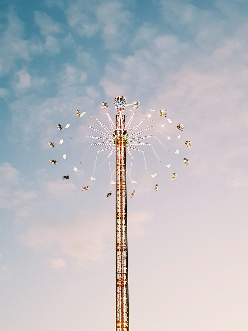 built structure, funfair, outdoors, travel, low angle view, amusement park, tall - high, lights, ride, gray, high up, day, architecture, 2K, angle, person