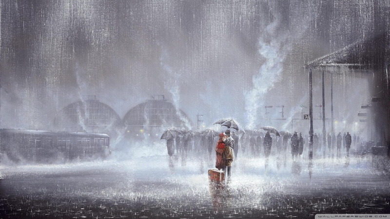 train station, kissing, 1080P, painting, rain