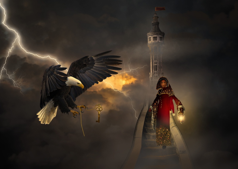 flash, flying, fantasy, no people, spirituality, tower, sky, nature, low angle view, bird, mystical, stairs, digital composite, architecture, clouds, religion