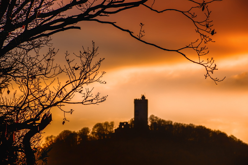 sunset, no people, middle ages, landmark, brown, bare tree, travel destinations, historically, built structure, afterglow, mystical, atmosphere, castle