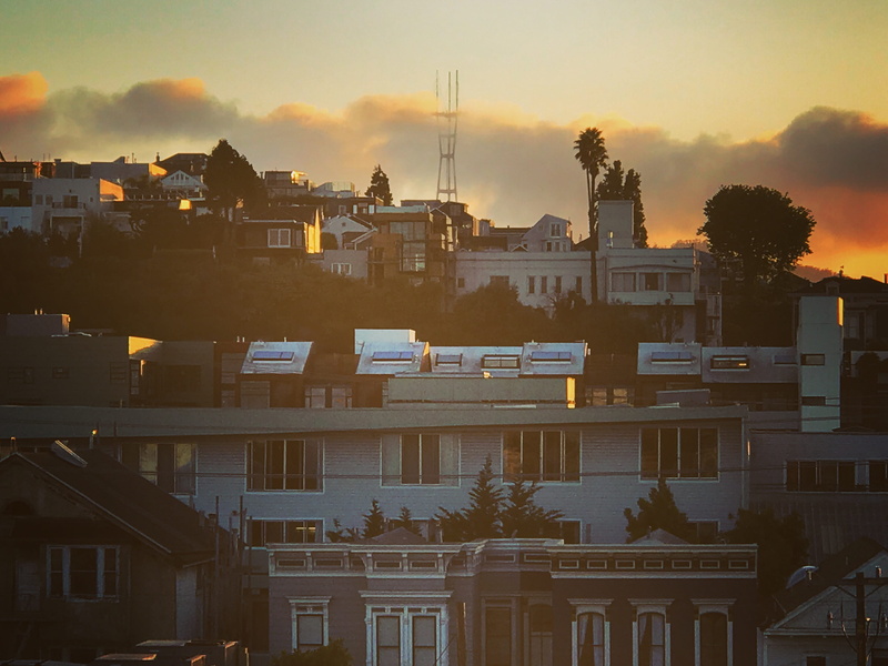 sutro tower, nature, tree, high angle view, house, building exterior, residential district, townscape, day, 4K, building, sky, clouds, houses, city, california
