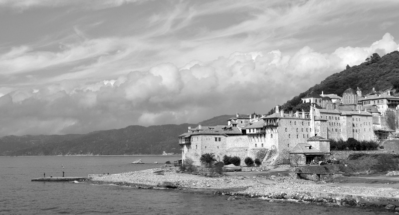 shore, nature, athos mountain, single, rock, scenics - nature, cloud, 5K, man, landscape, holidays, peninsula, residential district, home, church, aegean sea