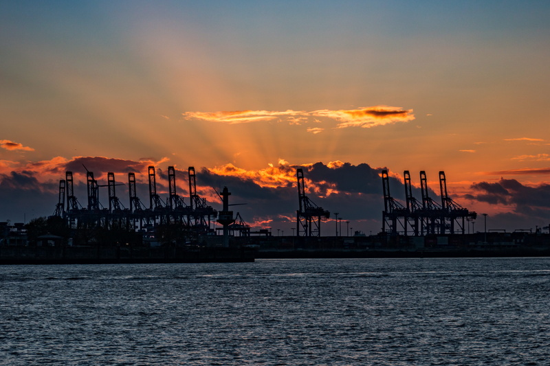 construction equipment, orange color, cranes, ship, sky, industry, architecture, commercial dock, seafaring, nature, harbor, sunset, 5K, container cranes