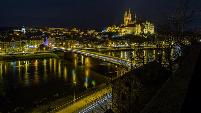 no people, castle, building exterior, illuminated, nature, river, water, building, germany, albrechtsburg, bridge, altstadtbrucke, cityscape, europe, night