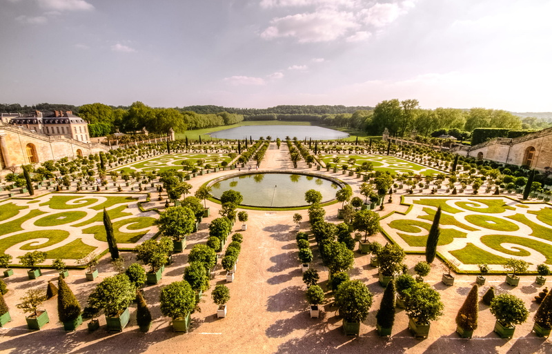 garden, in a row, sky, built structure, 1080P, footpath, france, ornamental garden, water, park, no people, palace of versailles, cloud - sky, versailles