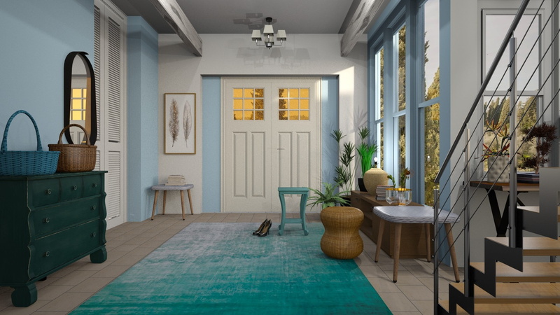 blue, absence, day, vestibule, chest of drawers, seat, home showcase interior, domestic life, chandelier, window, home interior, electric lamp, flooring