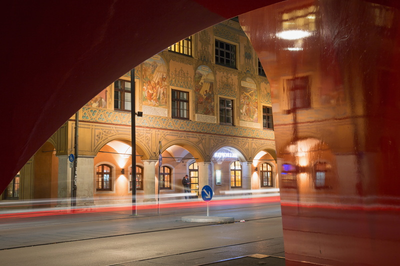 lighting, street, color, red, light, town hall, blurred motion, motion, no people, architecture, 5K, night photograph, monument, mirror, painting, ulm