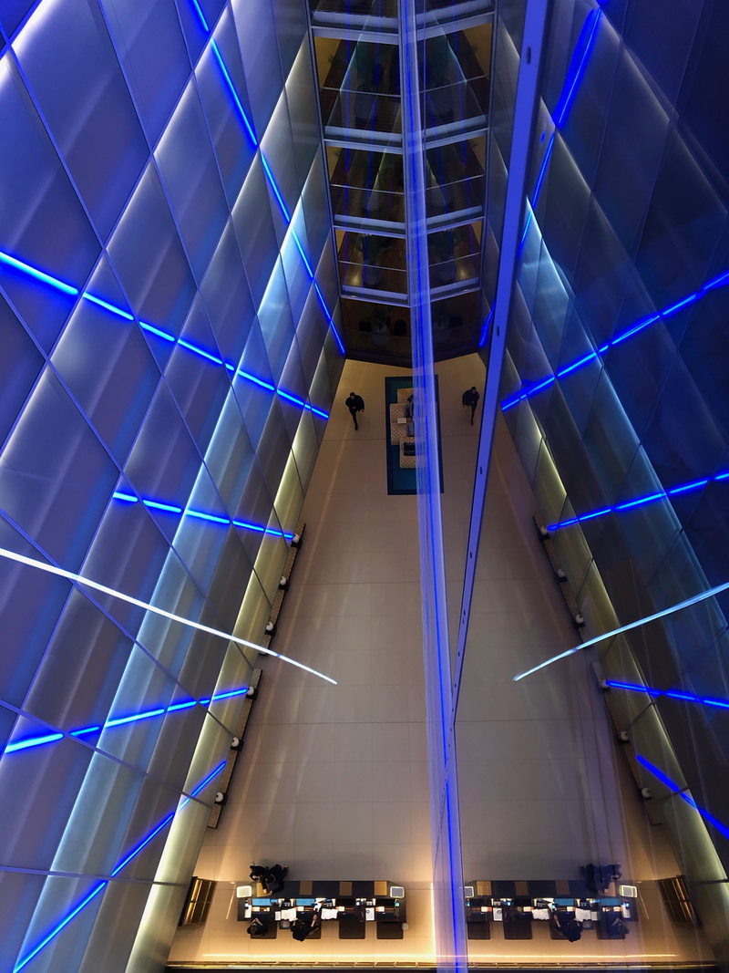 mirroring, indoors, light, glass, 4K, ceiling, architecture, modern, no people, purple, reflection, illuminated, transportation, glass facade, space, high angle view