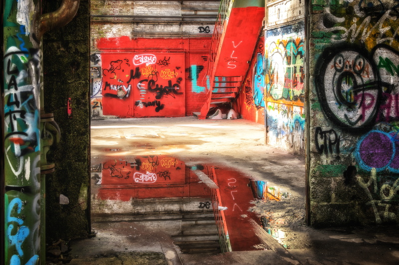 factory, day, built structure, dirt, mirroring, mural, industrial building, mode of transportation, lost place, concrete, old factory, city, wall, decay