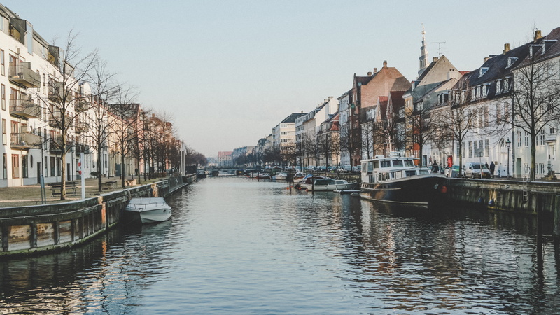 built structure, no people, day, scandinavium, 5K, sky, copenhagen, near, buildings, building exterior, row house, boat, middle, tree, white, canal, passenger craft