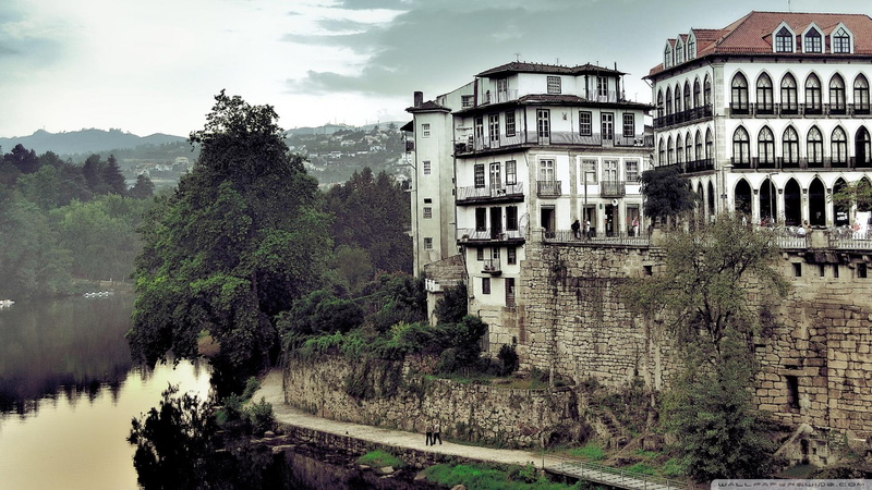 white, city, building, nature and landscapes, walkway, paint, river, people, trees, amarante, concrete, 1080P, portugal