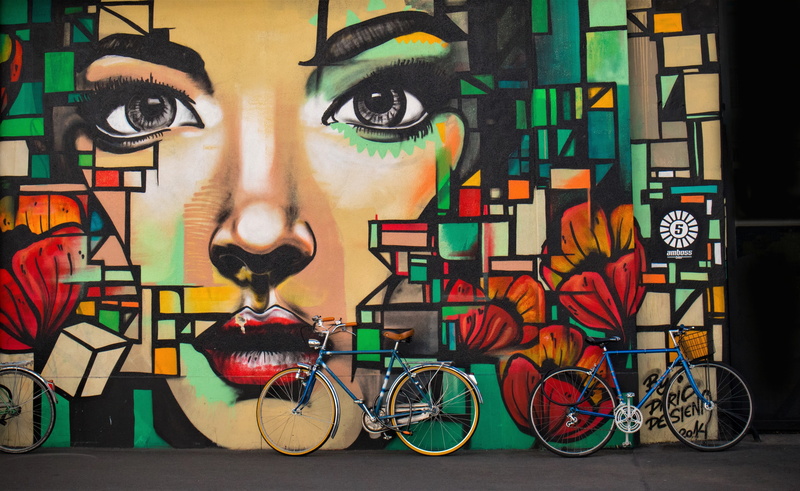 city, multi colored, bicycle, street art, young adult, adult, mode of transportation, graffiti 4k  hd full screen, wall - building feature, city life, architecture